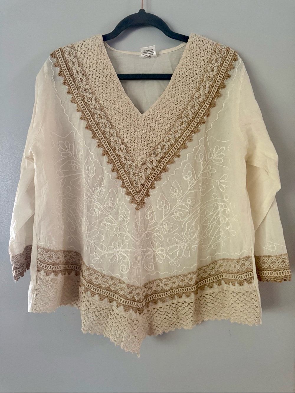 Boho Hand Embroidered 100% Cotton Top Crochet Lace Chevron V-Neck Cream XL